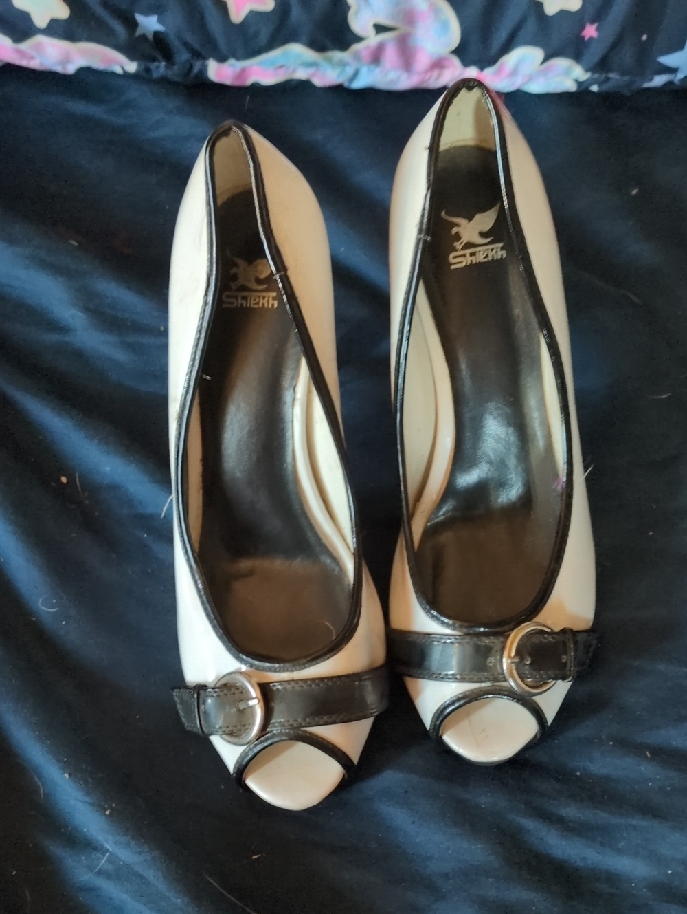 Shiekh Cream and Black Peep-Toe Heels with Buckle Accent